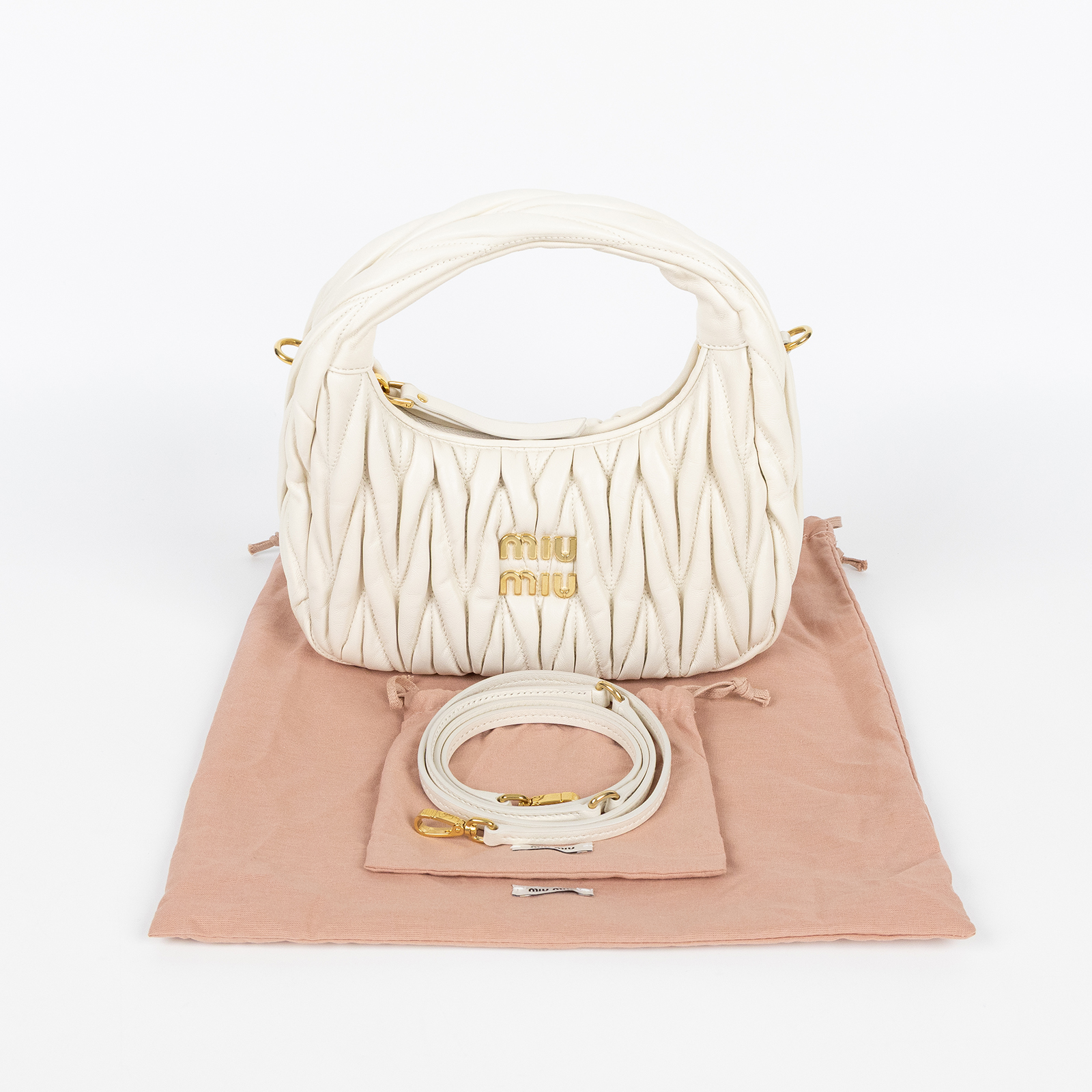 繆繆 MIU MIU Wander Matelasse 納帕皮革半月形手袋 5BC125_AN88 白抓皺WANDER半月包 小號 防塵袋