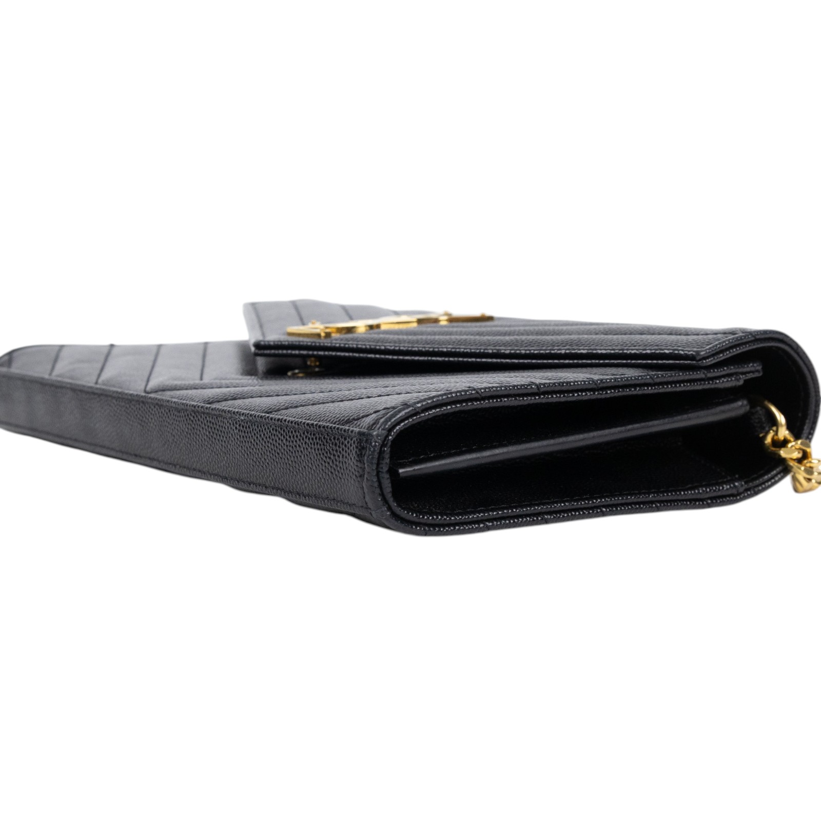 聖羅蘭 YSL SAINT LAURENT Cassandre 經典粒面皮革 鏈條 錢包 金色五金 377828BOW01 黑金魚子醬WOC 無附屬品