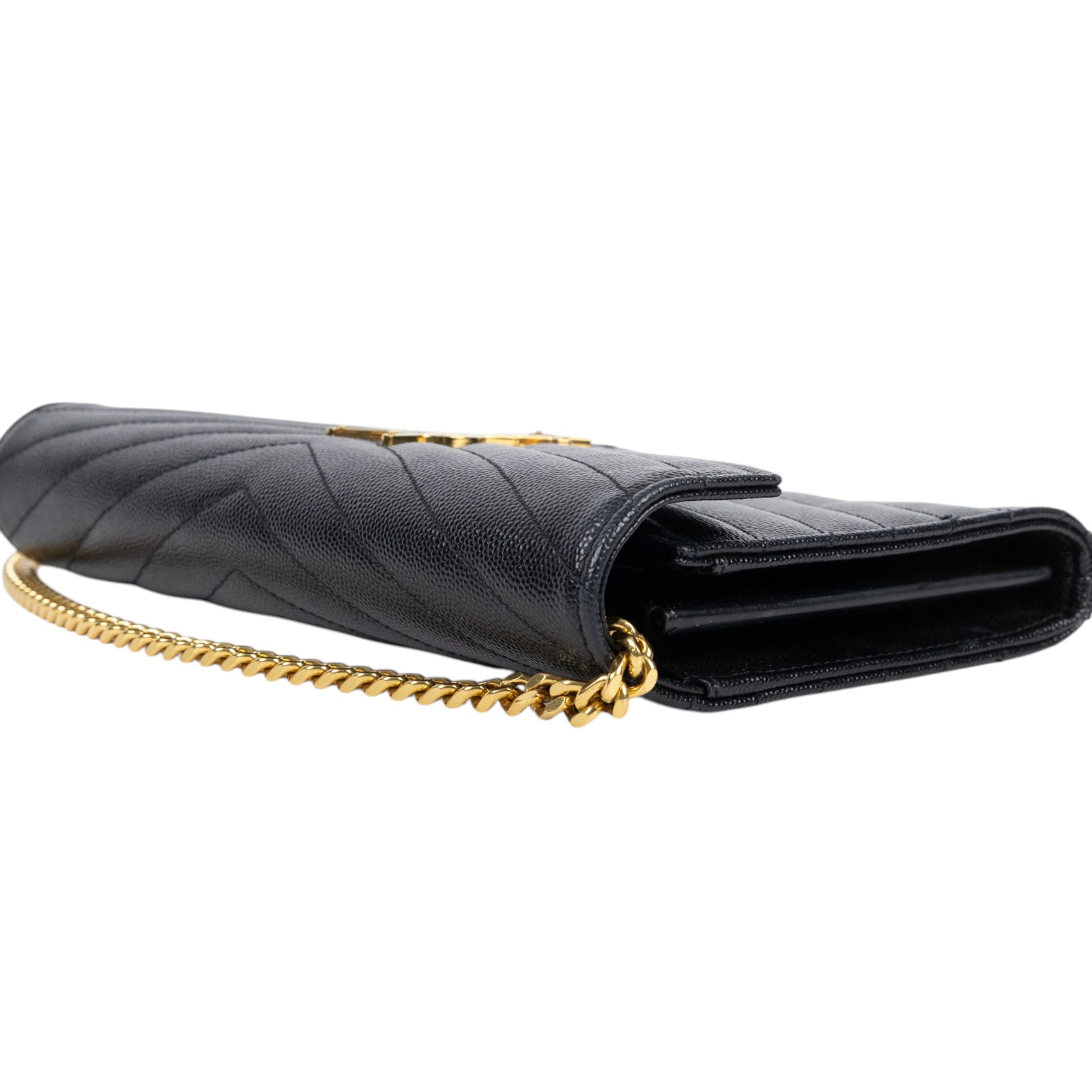 聖羅蘭 YSL SAINT LAURENT Cassandre 經典粒面皮革 鏈條 錢包 金色五金 377828BOW01 黑金魚子醬WOC 無附屬品