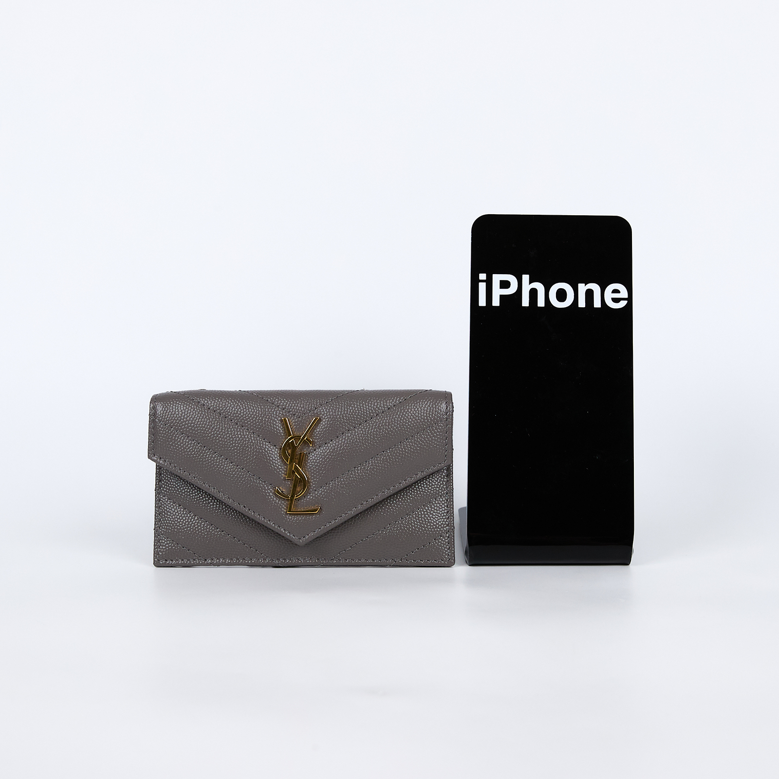 聖羅蘭 YSL SAINT LAURENT 錢包 卡片夾 金色五金 612808BOW01 灰魚子醬卡包 原廠盒子/防塵袋