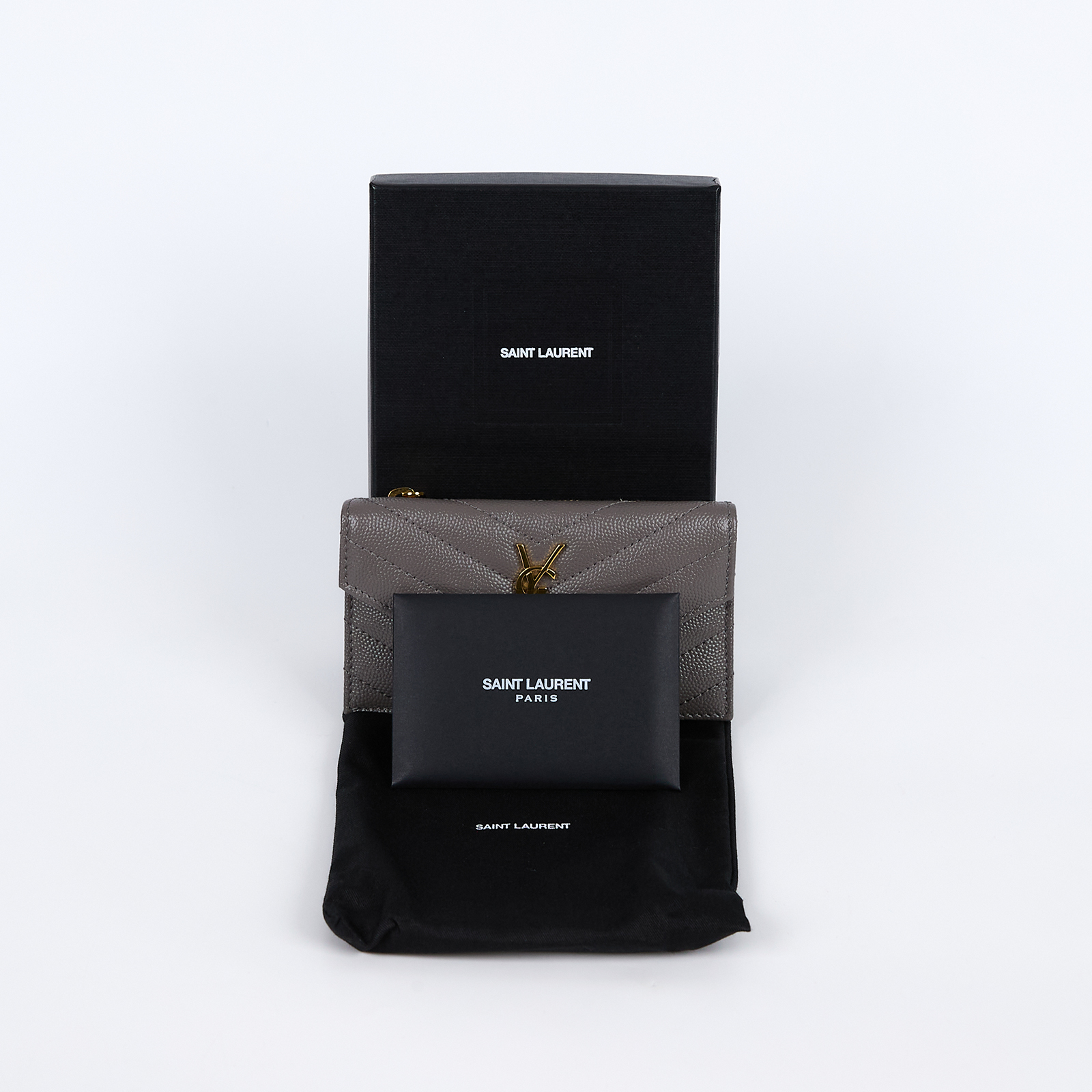 聖羅蘭 YSL SAINT LAURENT 錢包 卡片夾 金色五金 612808BOW01 灰魚子醬卡包 原廠盒子/防塵袋