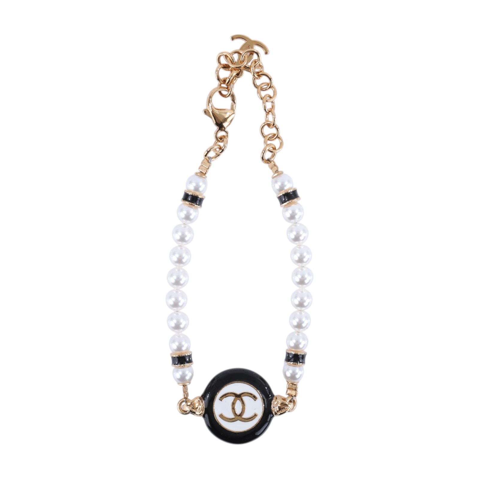 香奈兒 CHANEL CC Logo 手鏈 ABC988 B16124B24P 金色黑白圓餅珍珠手鍊 原廠盒子/防塵袋