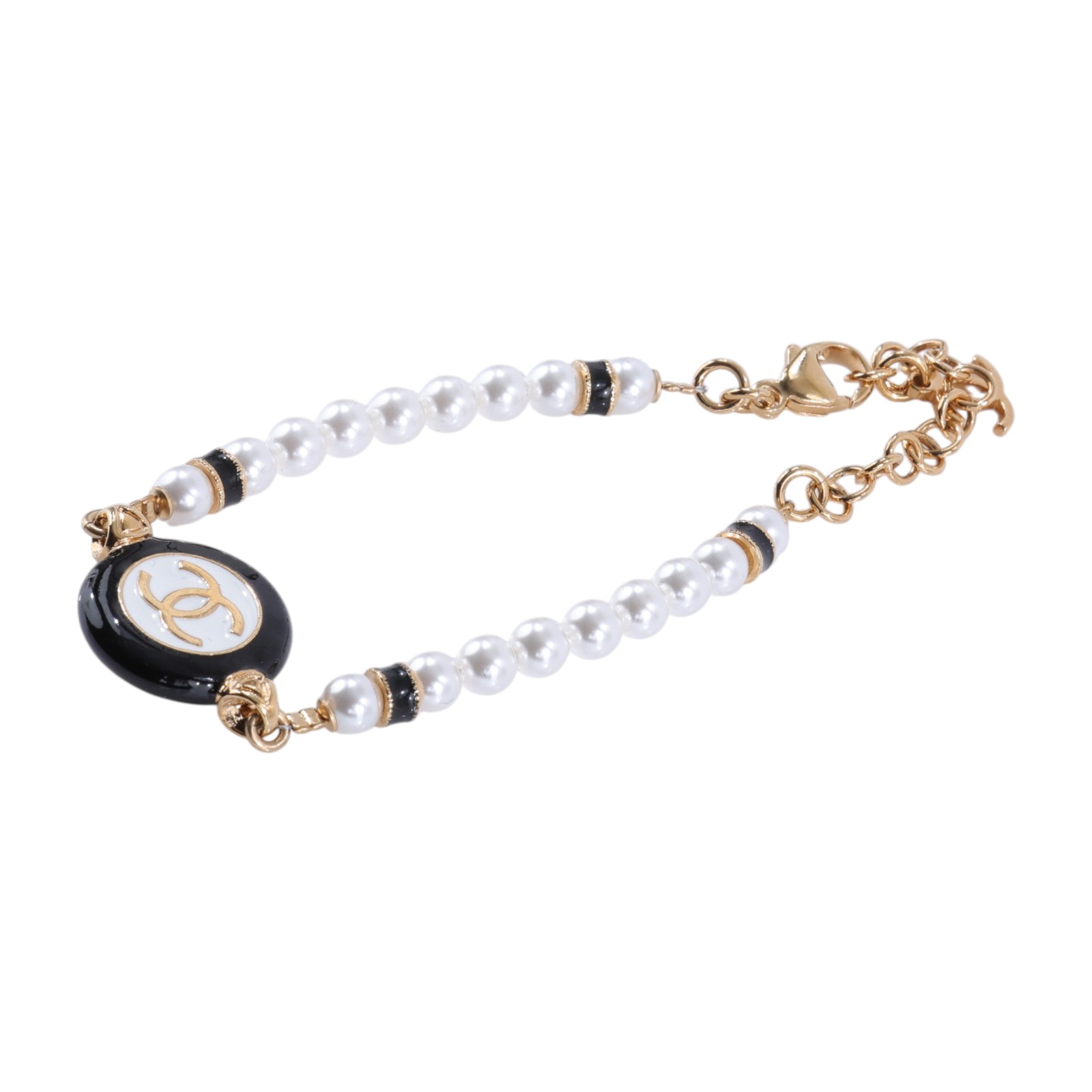 香奈兒 CHANEL CC Logo 手鏈 ABC988 B16124B24P 金色黑白圓餅珍珠手鍊 原廠盒子/防塵袋