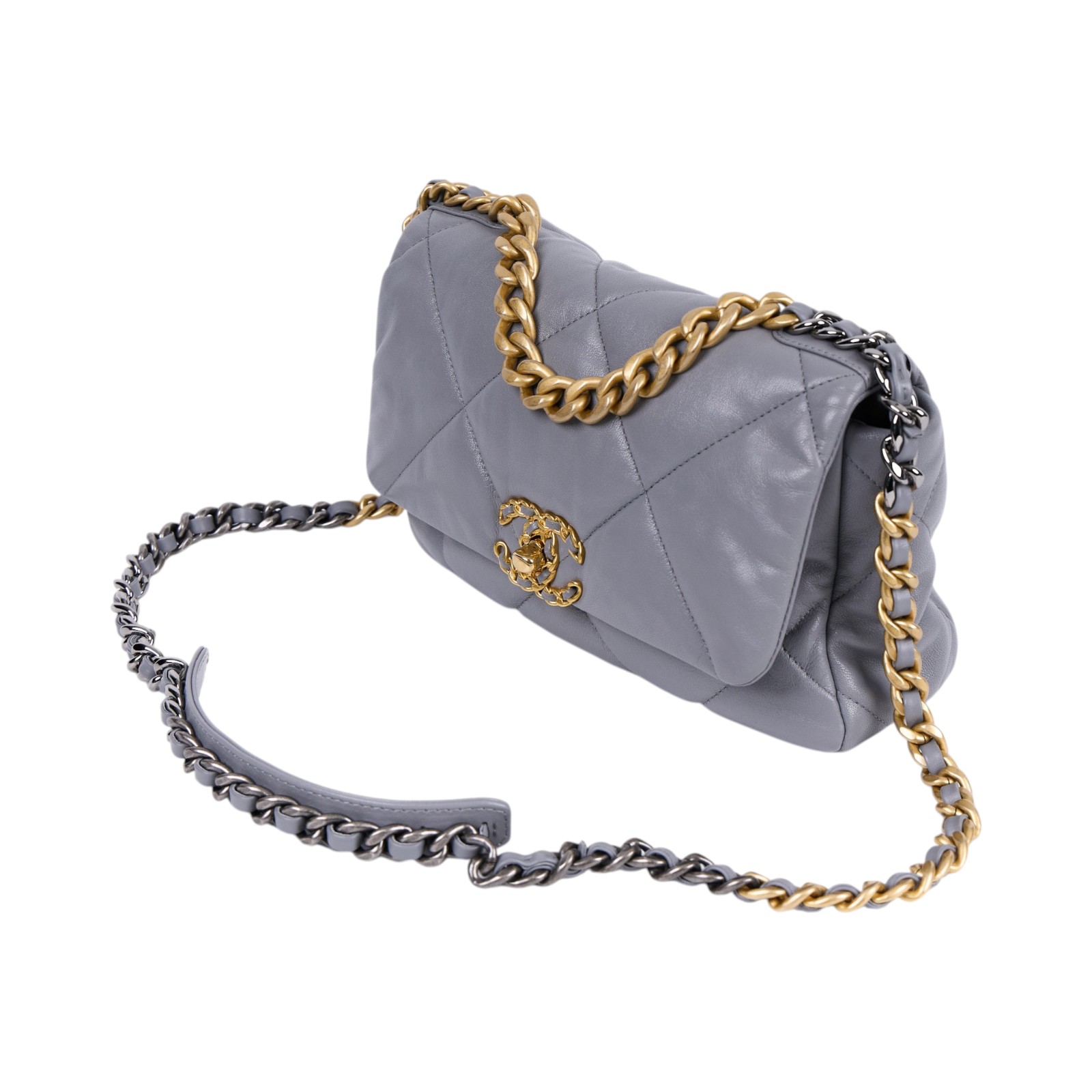 香奈兒 CHANEL 19 口蓋包 菱格紋 金銀鍊帶 手提 肩背包 AS1160 29開 灰19包 26CM 防塵袋/保證卡