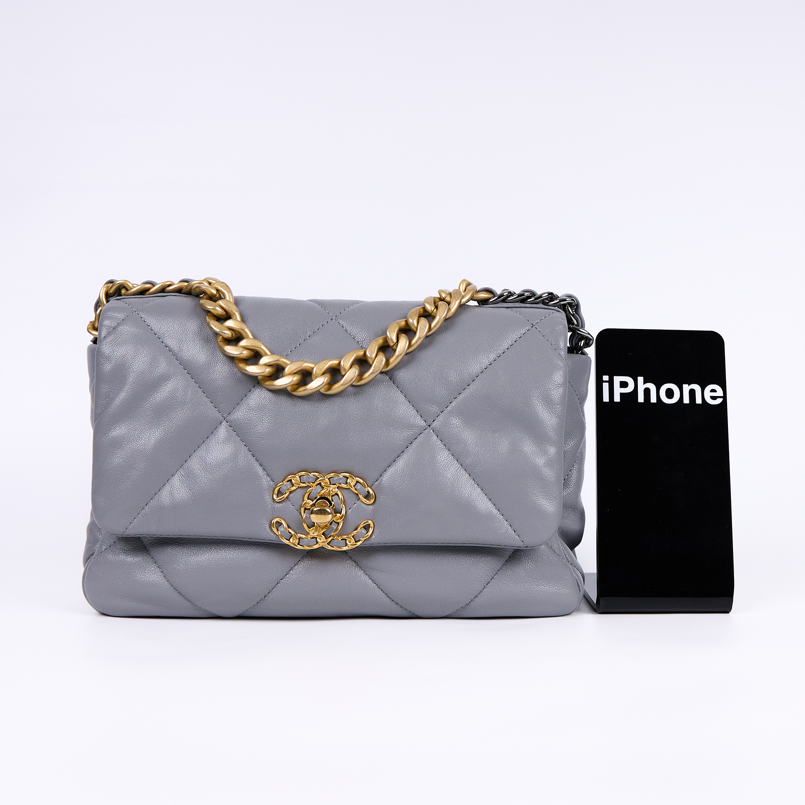 香奈兒 CHANEL 19 口蓋包 菱格紋 金銀鍊帶 手提 肩背包 AS1160 29開 灰19包 26CM 防塵袋/保證卡