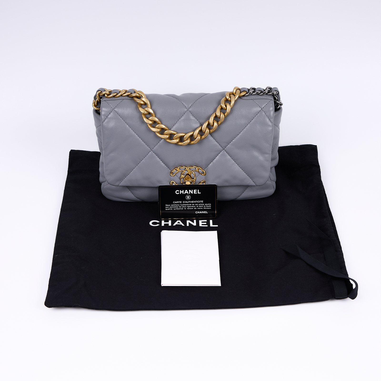 香奈兒 CHANEL 19 口蓋包 菱格紋 金銀鍊帶 手提 肩背包 AS1160 29開 灰19包 26CM 防塵袋/保證卡