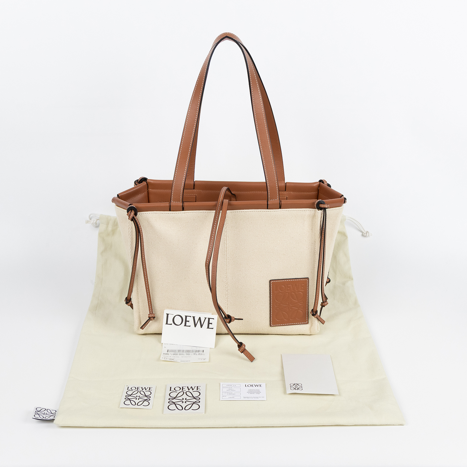 羅意威 LOEWE Cushion Tote Small 托特包 肩背包 330.02AA93 米白棕帆布CUSHION TOTE SMALL 防塵袋/購買證明