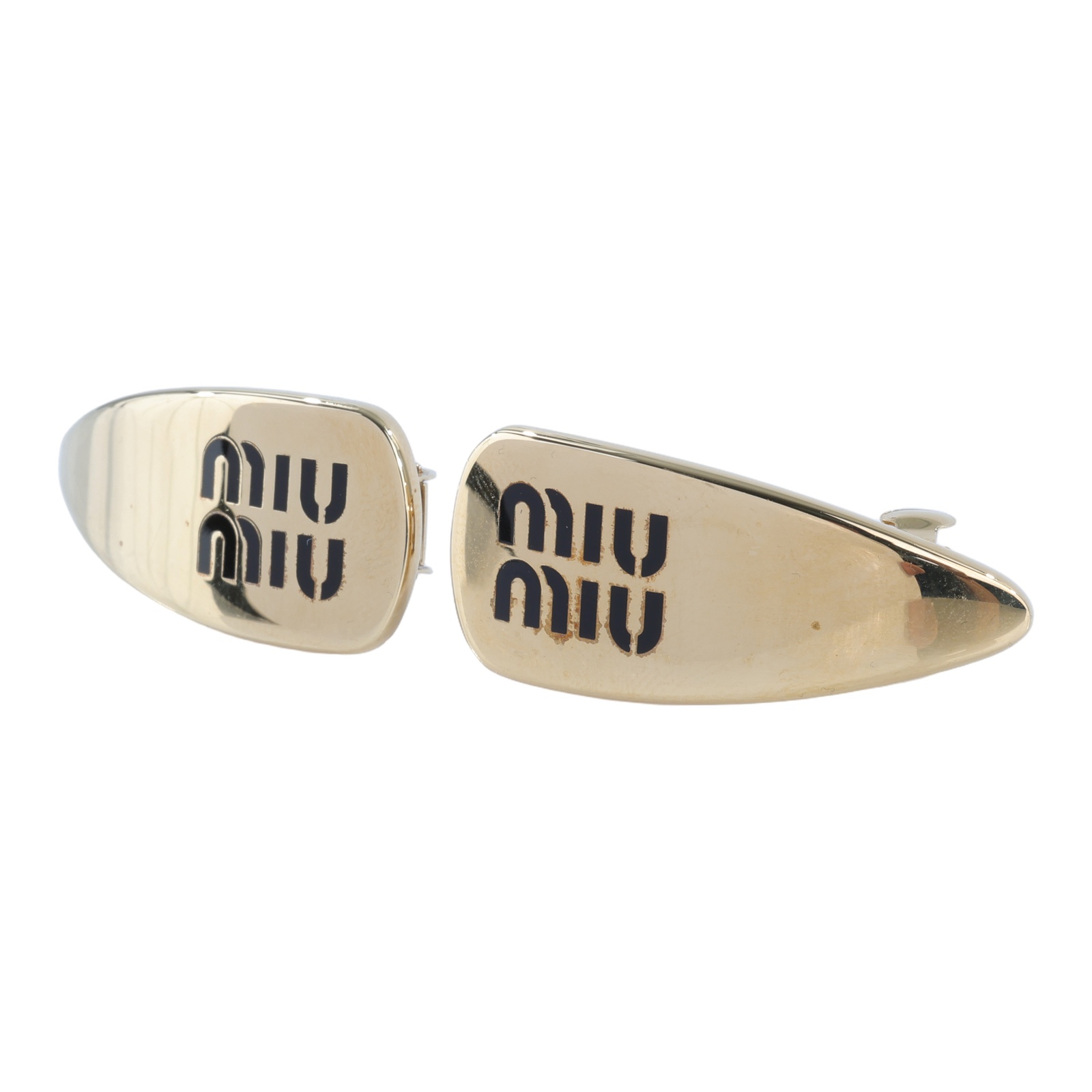 繆繆 MIU MIU 琺瑯 金屬 髮夾 5IF173_2F6T 金色黑LOGO髮夾 原廠盒子/防塵袋/品控卡