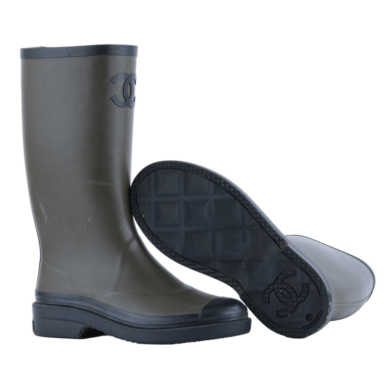 香奈兒 CHANEL Coco Mark 橡膠靴 G45838_37 墨綠雨靴 #37 無附屬品