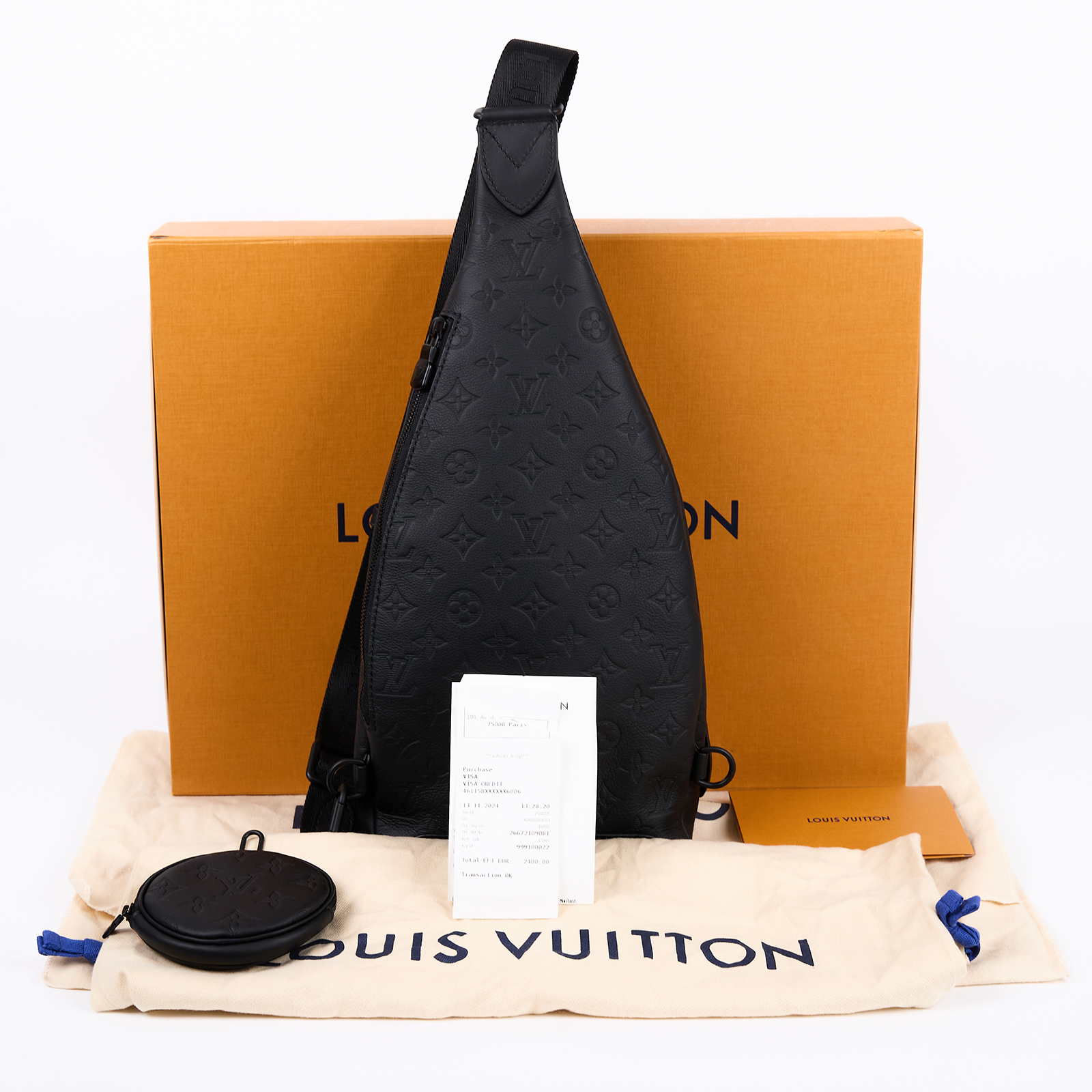 路易威登 LOUIS VUITTON Duo 斜背包 小牛皮 黑色 M21890 晶片款 黑原花壓紋DUO胸包 零錢包/原廠盒子/防塵袋/購買證明