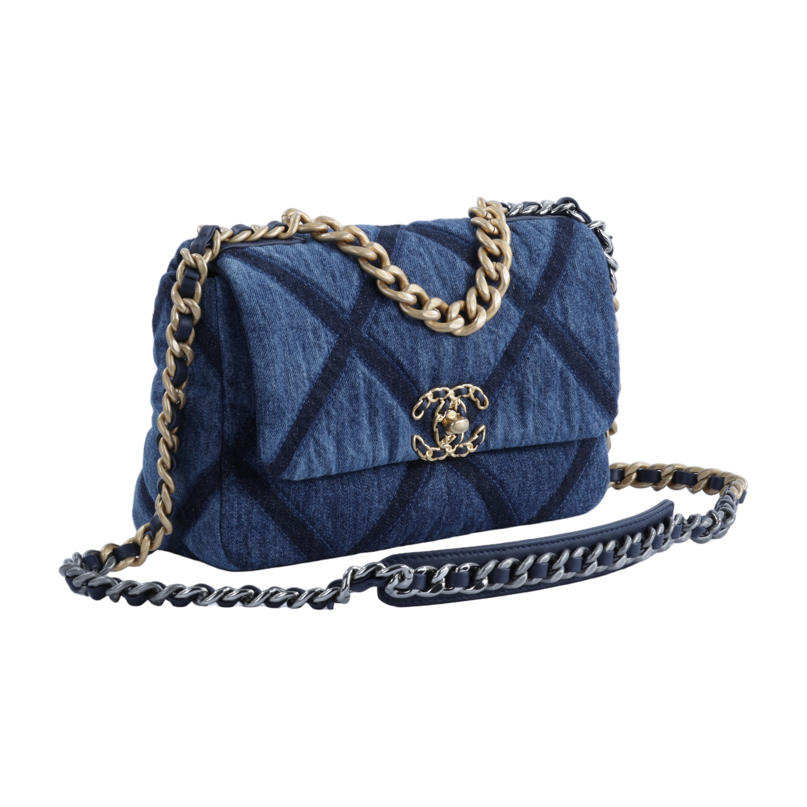 香奈兒 CHANEL 19 口蓋包 菱格紋 金銀鍊帶 手提 肩背包 AS1160 晶片款 牛仔19包 26CM 無附屬品