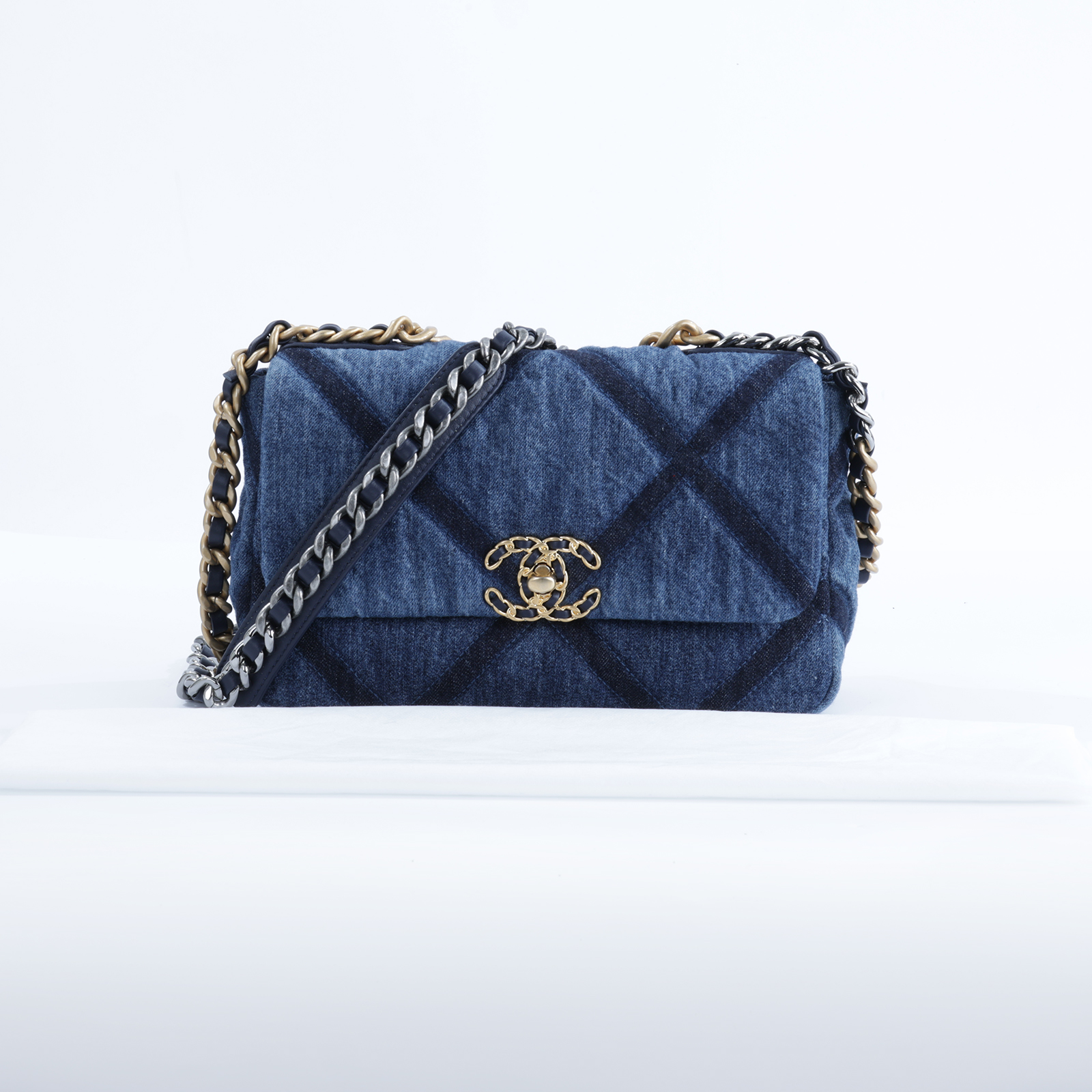香奈兒 CHANEL 19 口蓋包 菱格紋 金銀鍊帶 手提 肩背包 AS1160 晶片款 牛仔19包 26CM 無附屬品