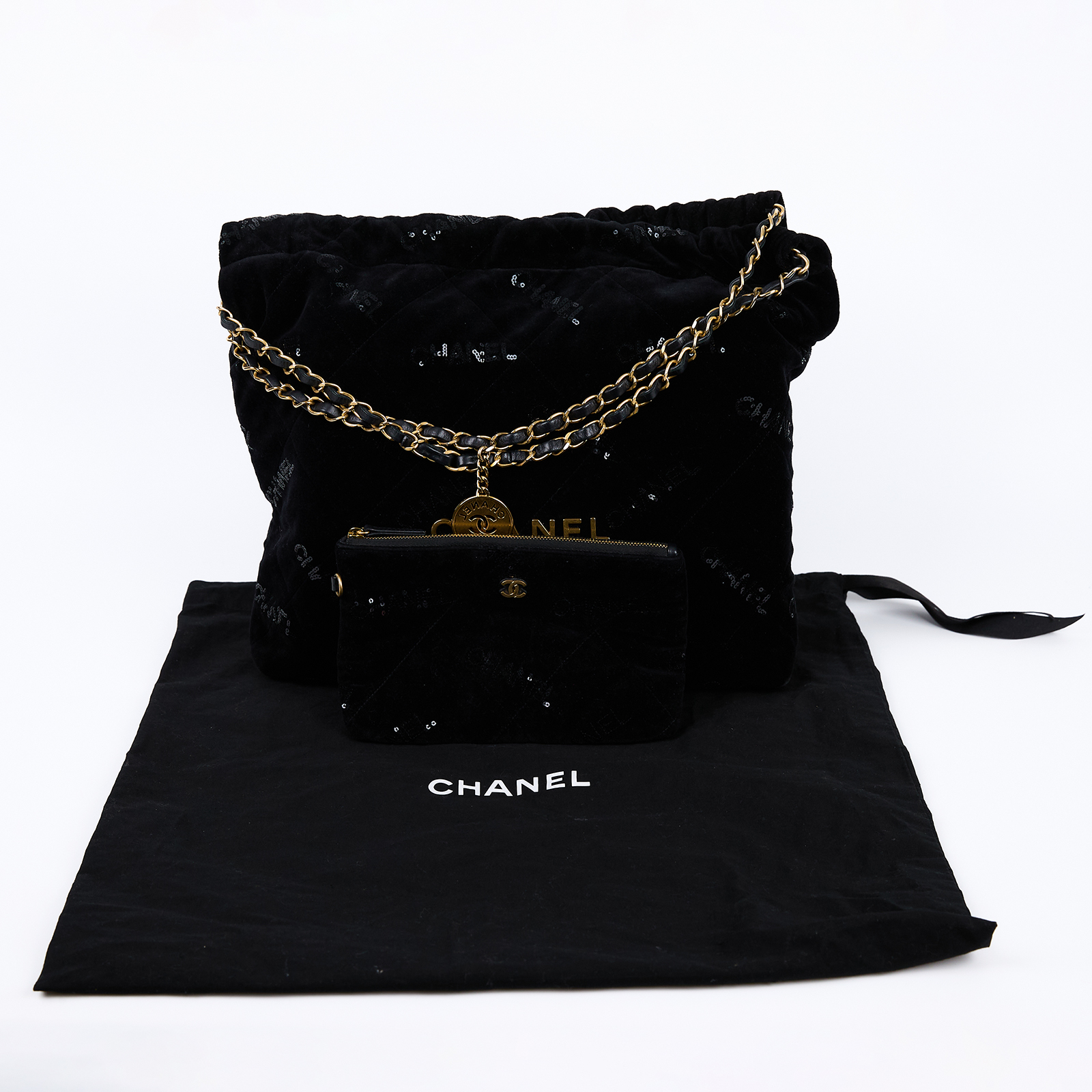 香奈兒 CHANEL 22 小型 流浪包 肩背包 AS3260 晶片款 黑絨布22包 小號 防塵袋/內袋