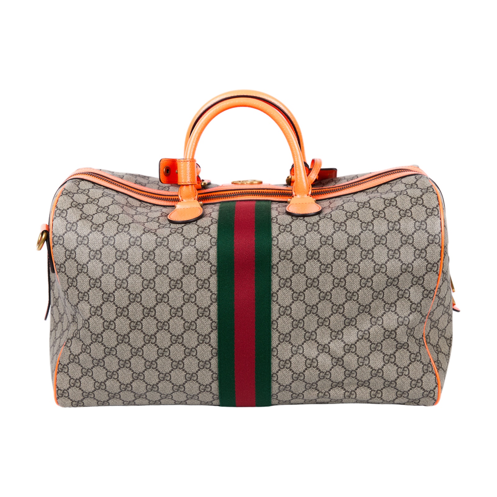 古馳 GUCCI Savoy 旅行袋 手提包 波士頓包 中型 724642 FADHS 螢光橘G紋行李袋 背帶/鎖組/吊牌