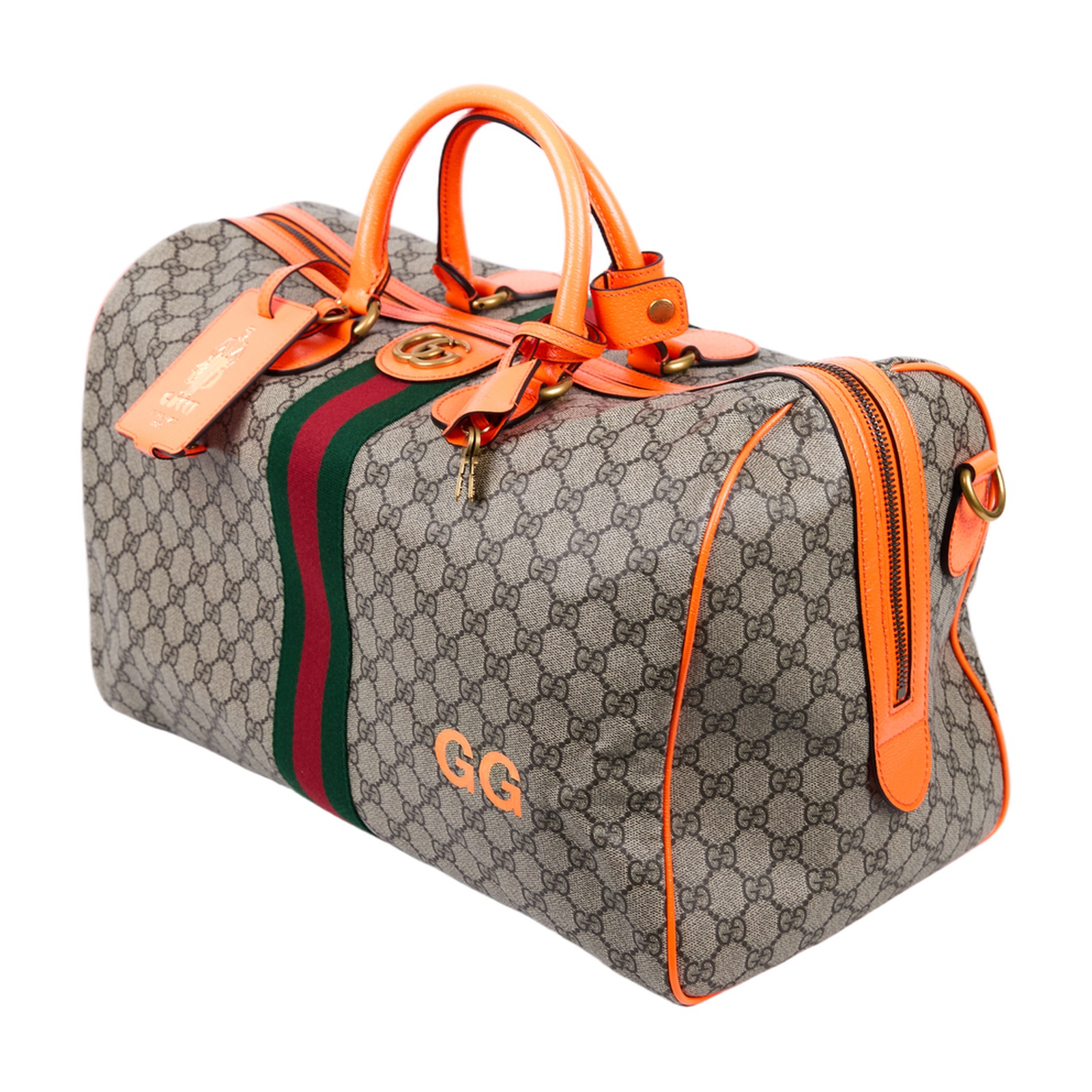 古馳 GUCCI Savoy 旅行袋 手提包 波士頓包 中型 724642 FADHS 螢光橘G紋行李袋 背帶/鎖組/吊牌