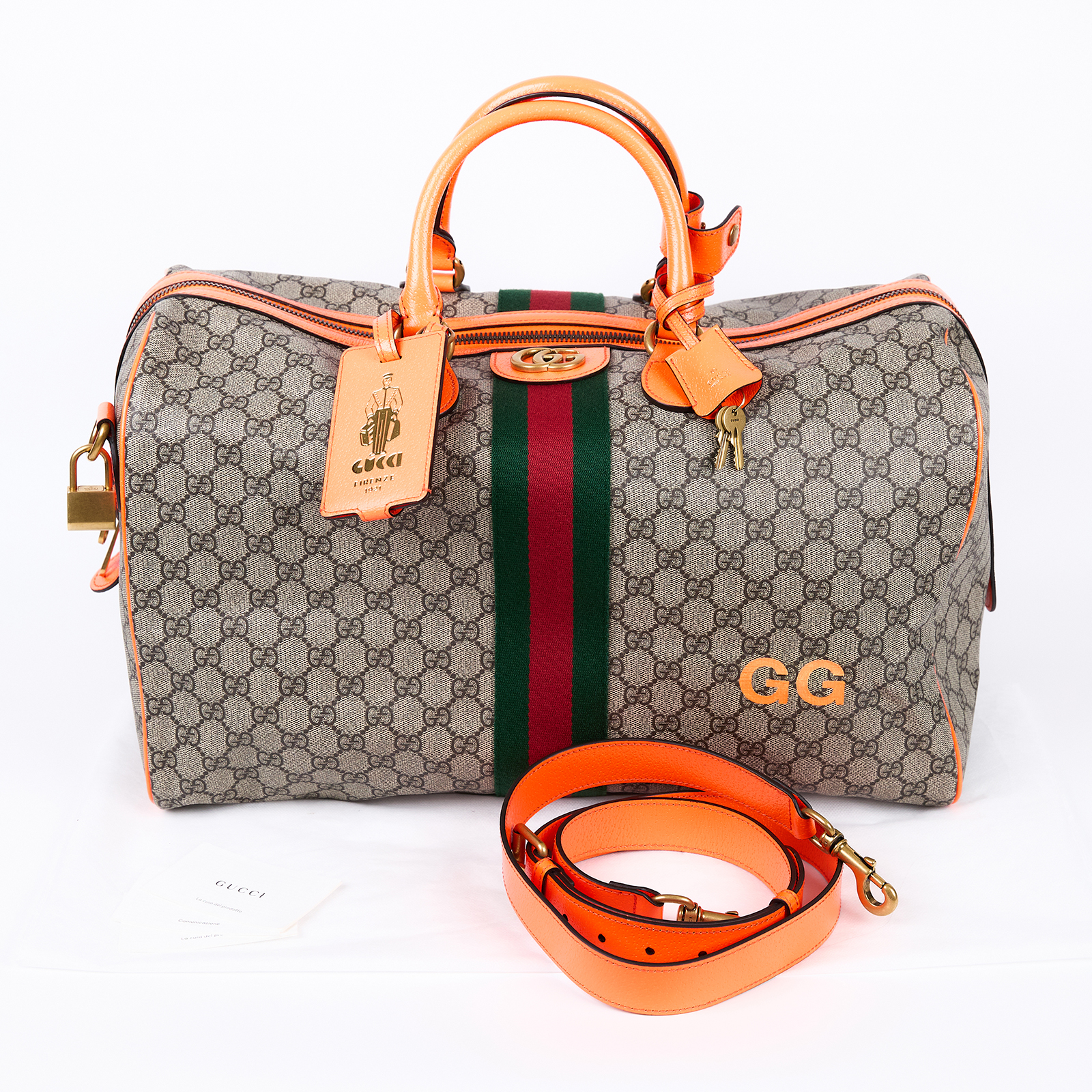 古馳 GUCCI Savoy 旅行袋 手提包 波士頓包 中型 724642 FADHS 螢光橘G紋行李袋 背帶/鎖組/吊牌