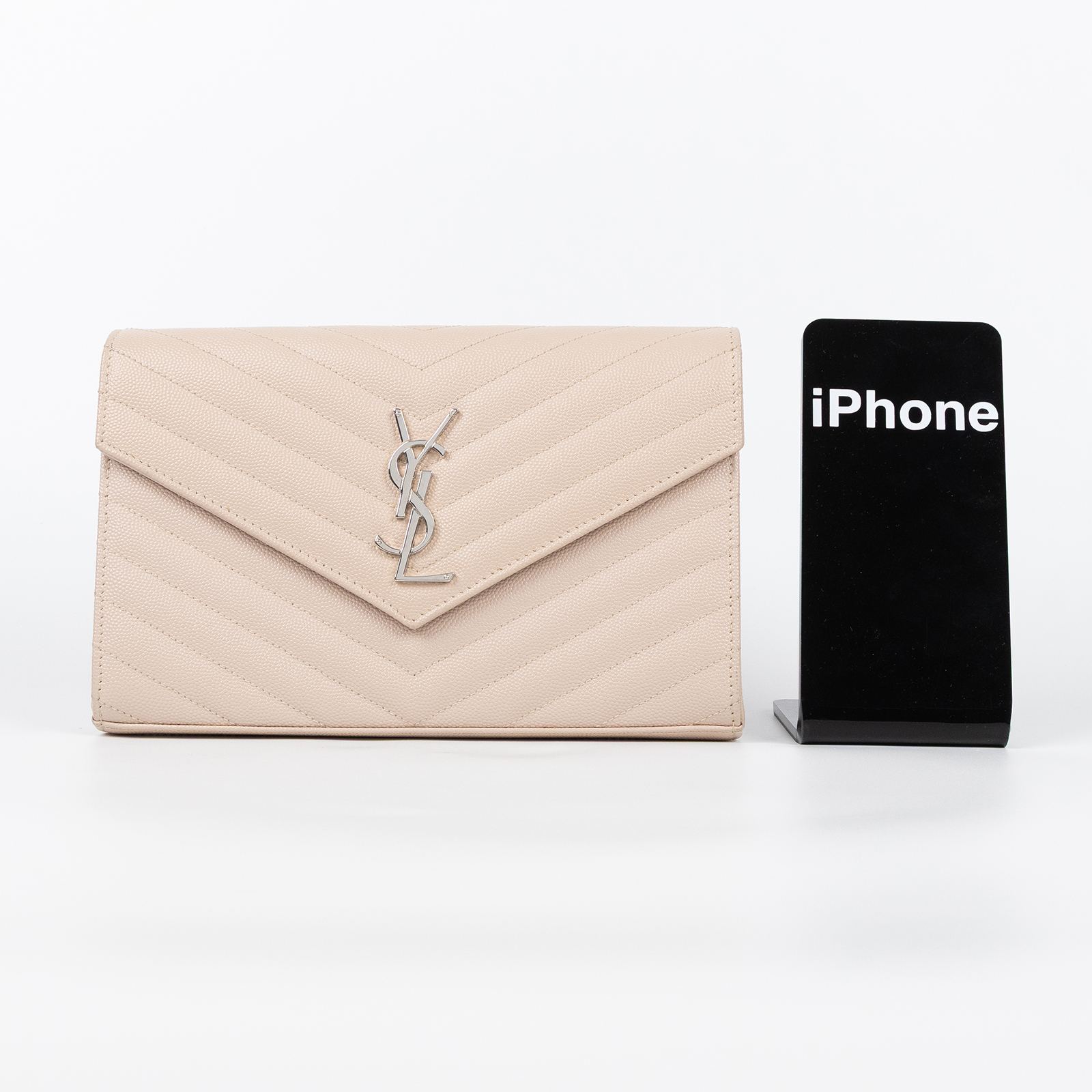 聖羅蘭 YSL SAINT LAURENT Cassandre 經典粒面皮革 鏈條 錢包 銀色五金 377828BOW02  原廠盒子/防塵袋