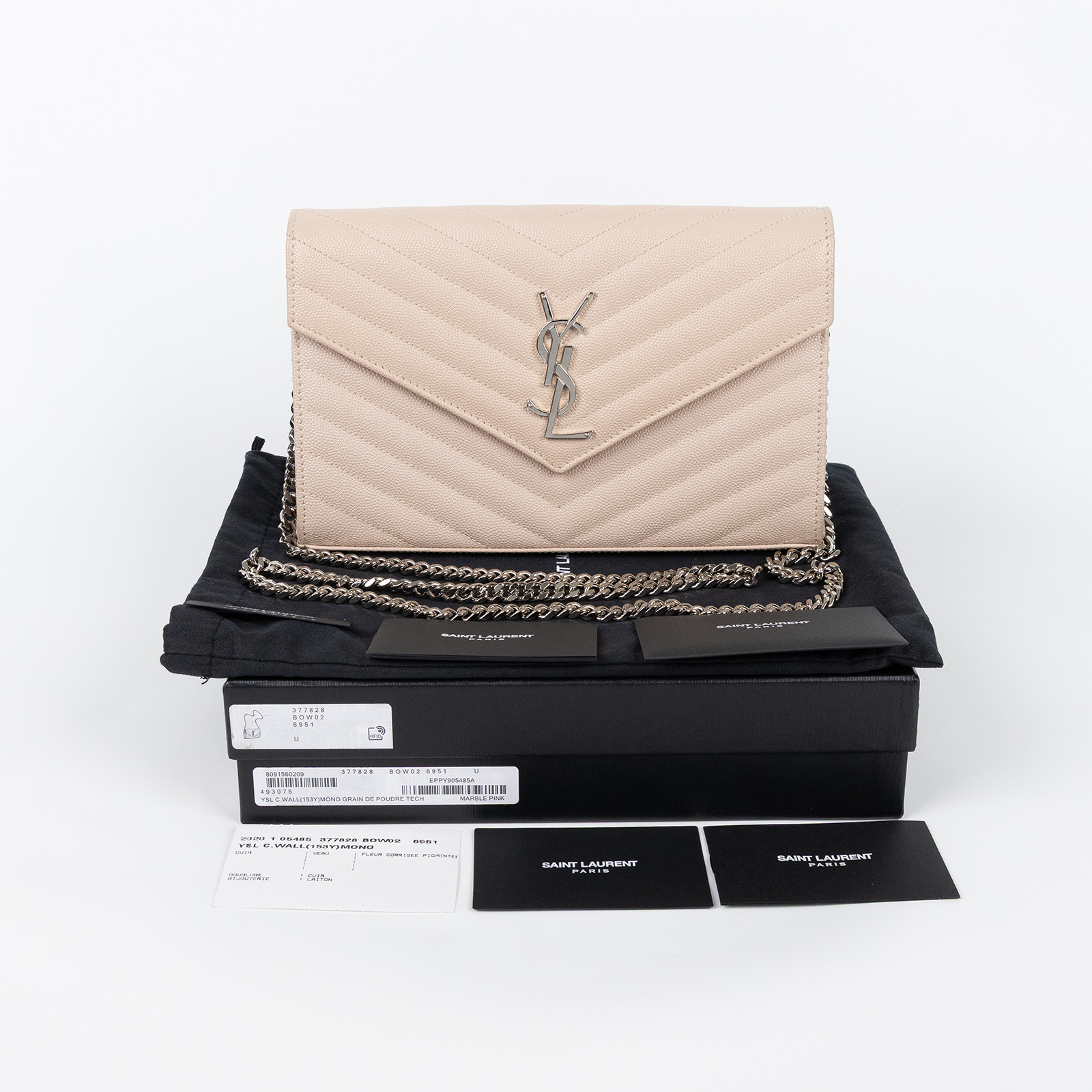 聖羅蘭 YSL SAINT LAURENT Cassandre 經典粒面皮革 鏈條 錢包 銀色五金 377828BOW02  原廠盒子/防塵袋