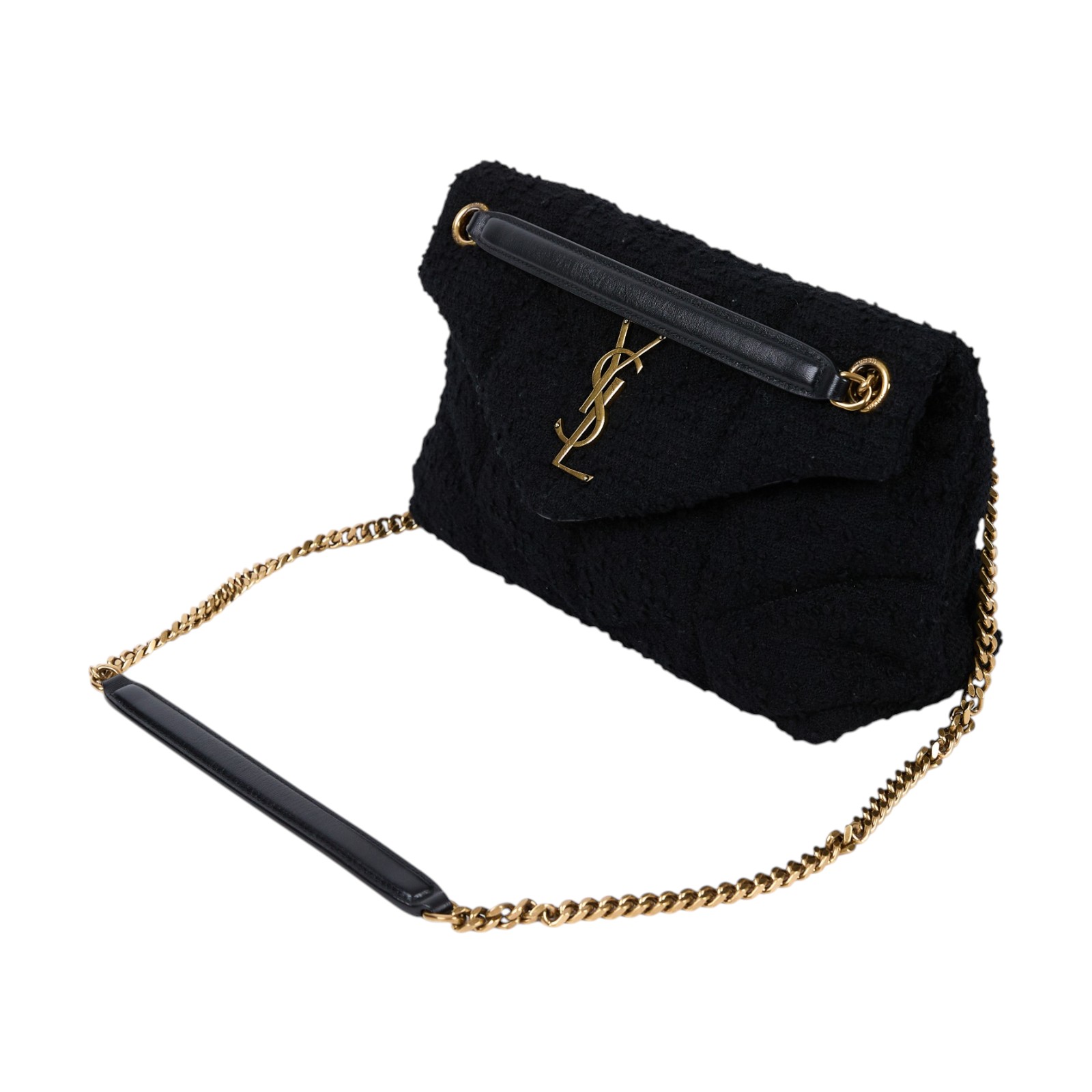 聖羅蘭 YSL SAINT LAURENT Puffer 絎縫納帕皮包 小型 金色五金 577476_TWEED 黑毛呢PUFFER金鍊包 無附屬品
