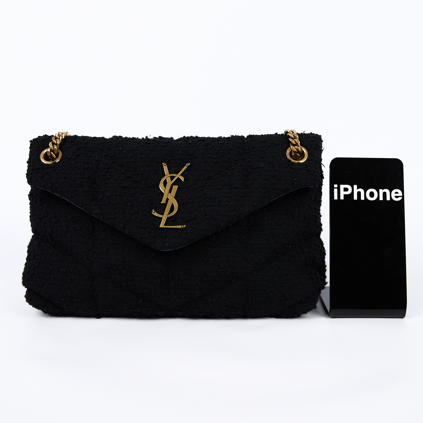 聖羅蘭 YSL SAINT LAURENT Puffer 絎縫納帕皮包 小型 金色五金 577476_TWEED 黑毛呢PUFFER金鍊包 無附屬品