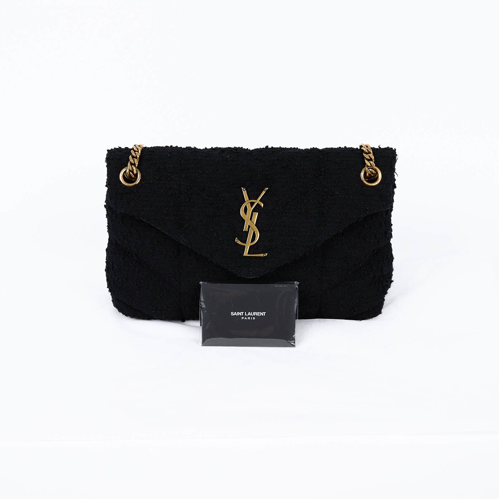 聖羅蘭 YSL SAINT LAURENT Puffer 絎縫納帕皮包 小型 金色五金 577476_TWEED 黑毛呢PUFFER金鍊包 無附屬品