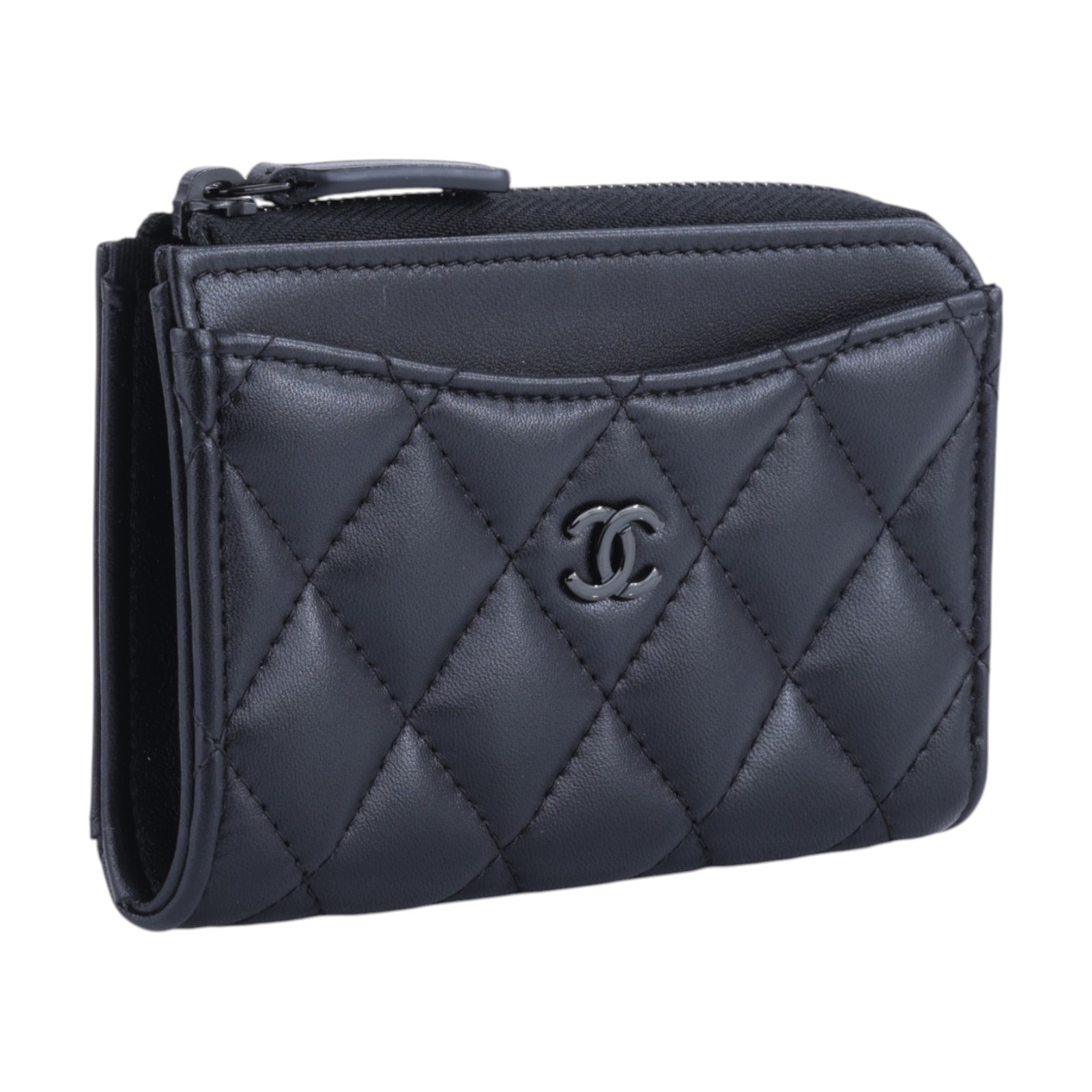 香奈兒 CHANEL CC logo 菱格紋 拉鍊 卡夾 零錢包 AP3179 晶片款 SO BLACK  L拉鍊零錢包 原廠盒子/防塵袋