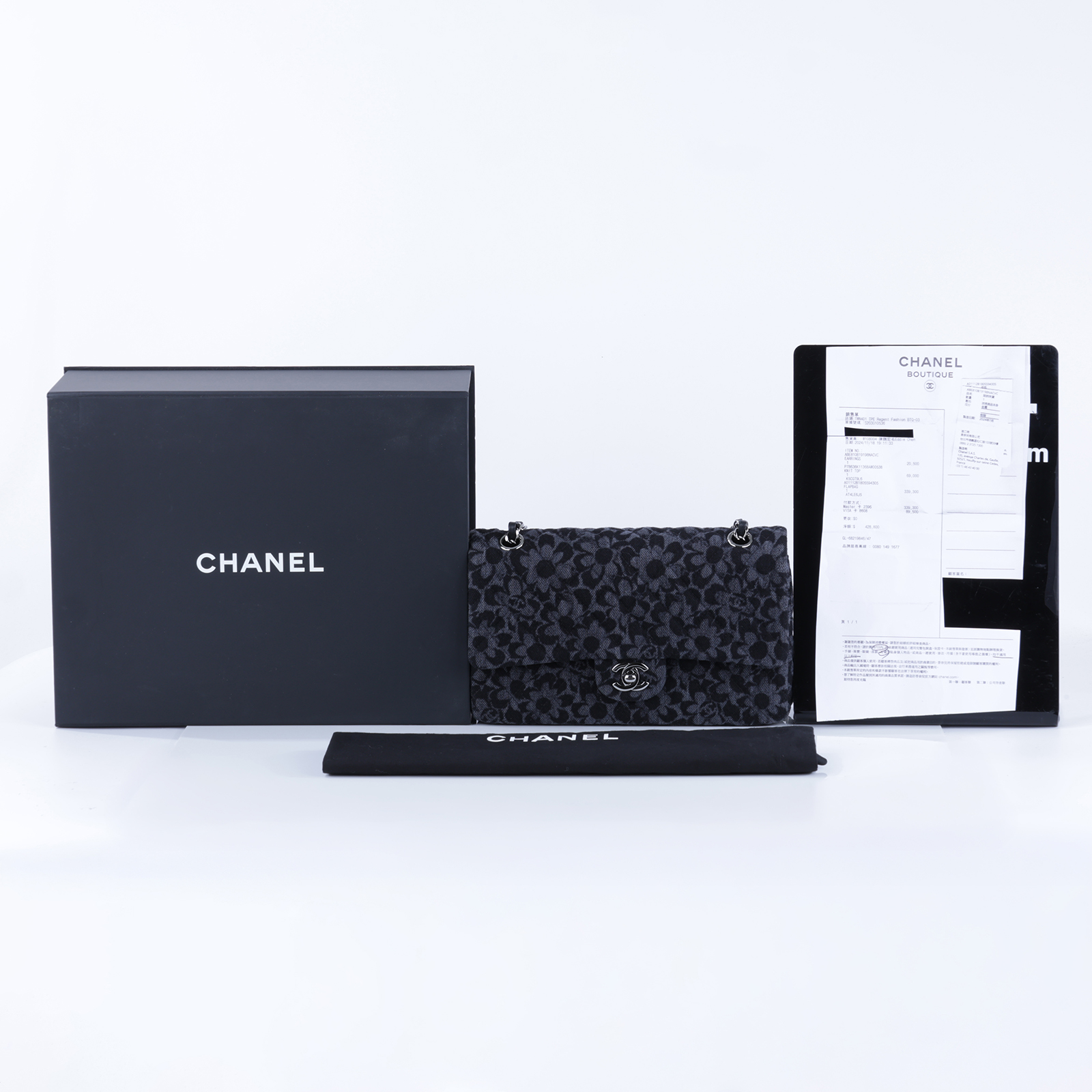 香奈兒 CHANEL CF 經典 11.12 口蓋包 A01112 B18055 晶片款 深灰花朵COCO25 原廠盒子/防塵袋/購買證明影本