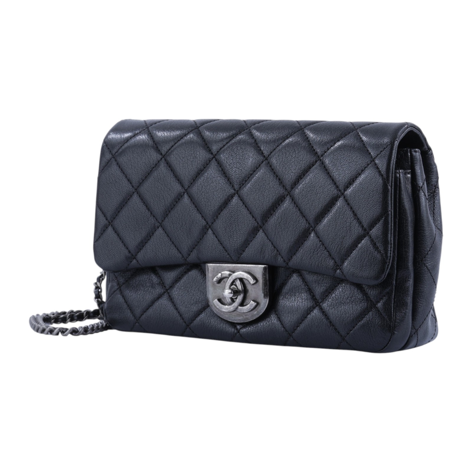 香奈兒 CHANEL CF 口蓋包  22開 黑銀小牛口蓋鍊包 背帶