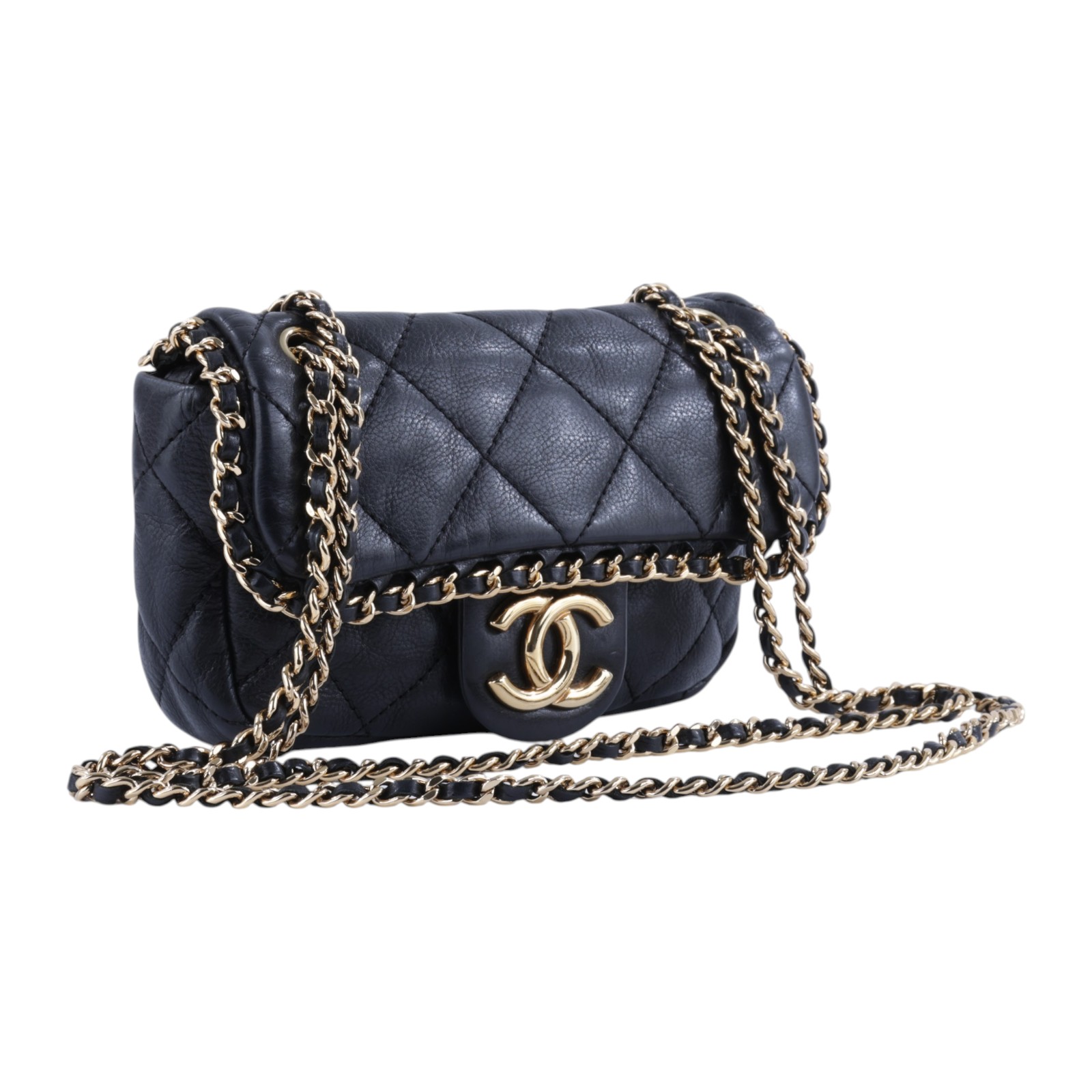 香奈兒 CHANEL mini CF 口蓋包 斜挎 肩背包  14開 黑金羊皮穿鍊飾邊迷你口蓋包 原廠盒子/防塵袋