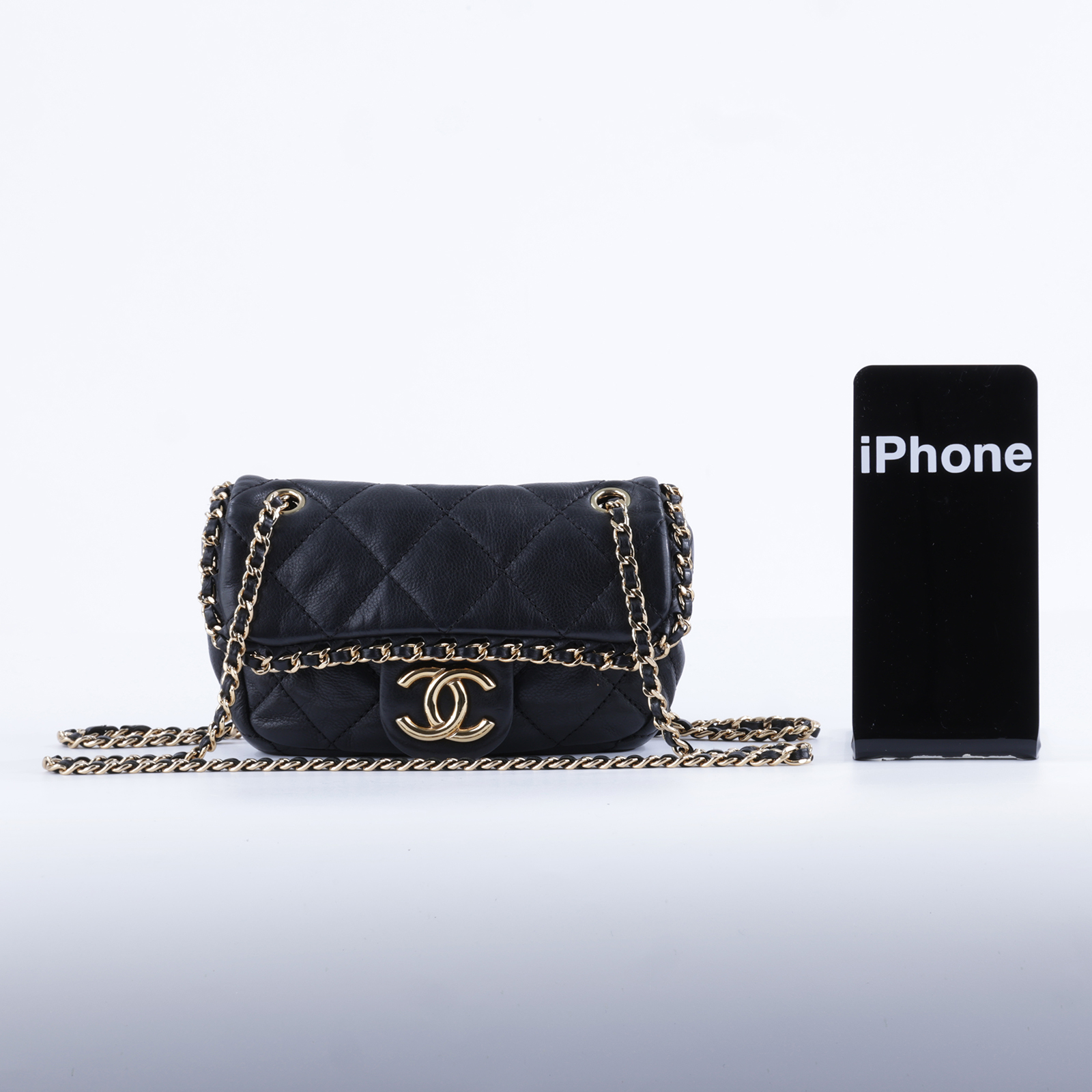 香奈兒 CHANEL mini CF 口蓋包 斜挎 肩背包  14開 黑金羊皮穿鍊飾邊迷你口蓋包 原廠盒子/防塵袋