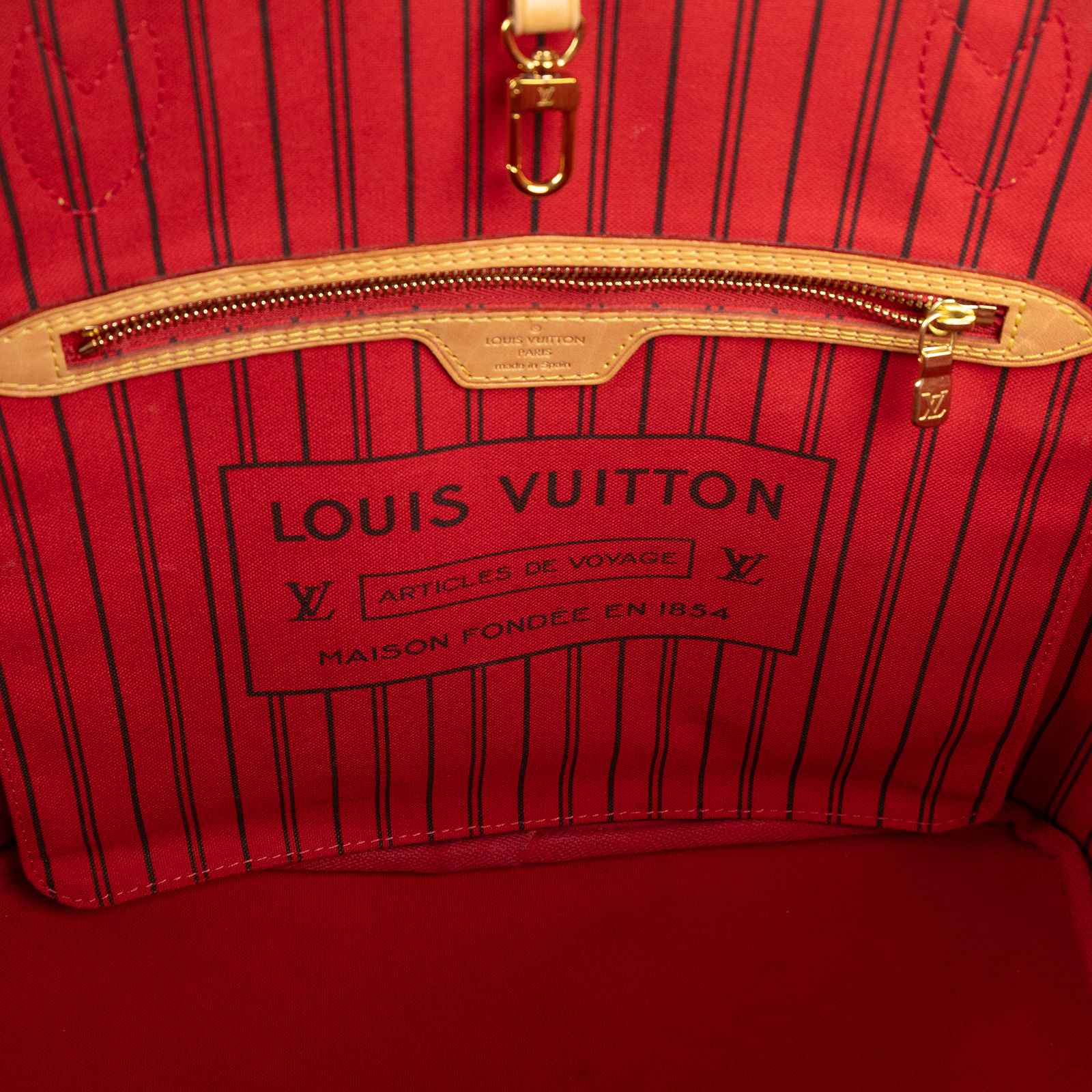 路易威登 LOUIS VUITTON Neverfull MM  經典帆布 肩背 購物袋 櫻桃紅內襯 M46987 晶片款 原花NEVERFULL MM 內袋