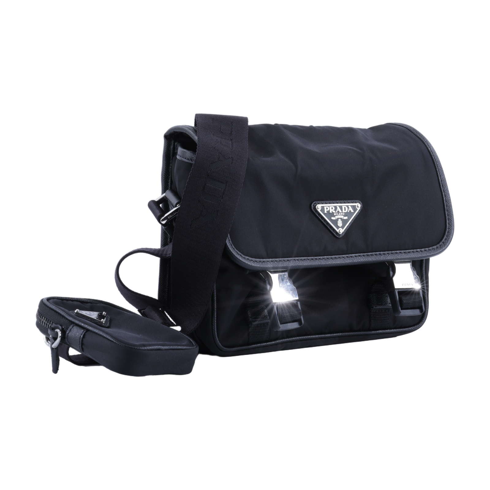 普拉達 PRADA Re-Nylon Saffiano 皮革肩背袋 2VD034_2DMH 黑尼龍掀蓋郵差包 防塵袋/子包