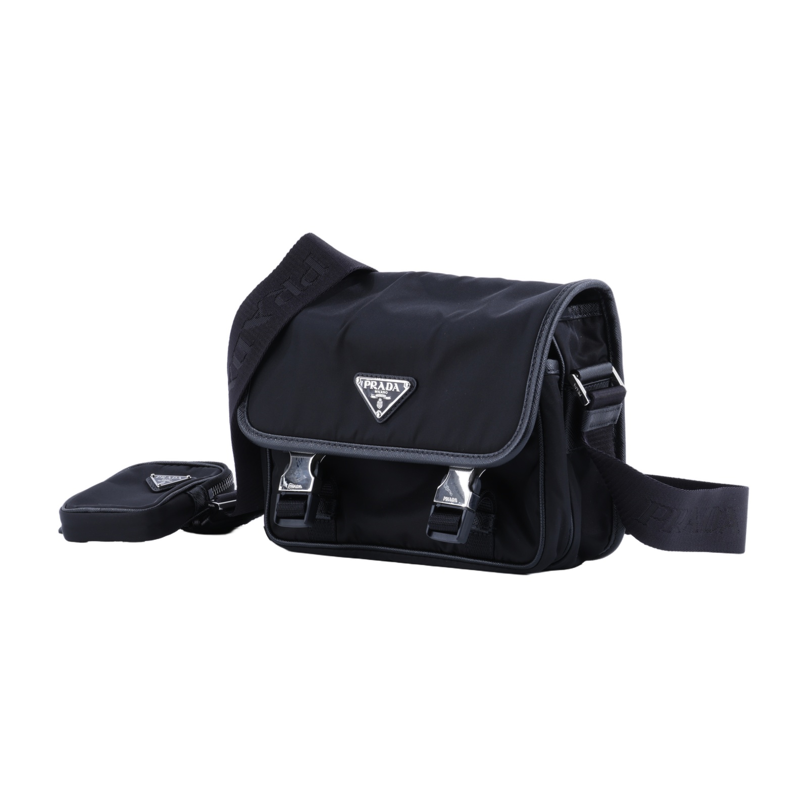 普拉達 PRADA Re-Nylon Saffiano 皮革肩背袋 2VD034_2DMH 黑尼龍掀蓋郵差包 防塵袋/子包