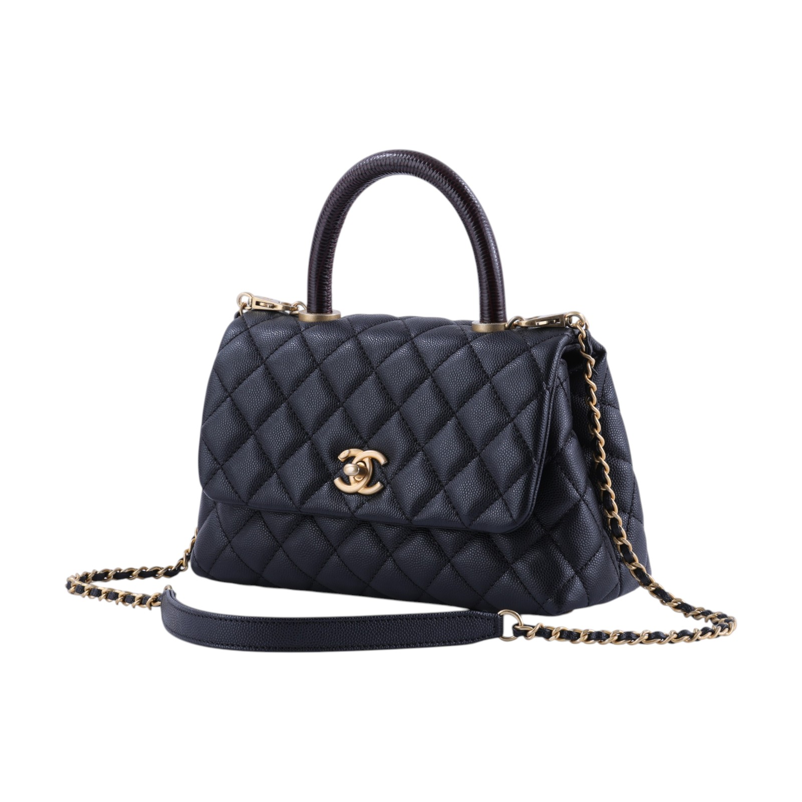香奈兒 CHANEL Handle 24 手提 口蓋包 A92990 29開黑金荔枝COCO HANDLE24 保證卡/背帶