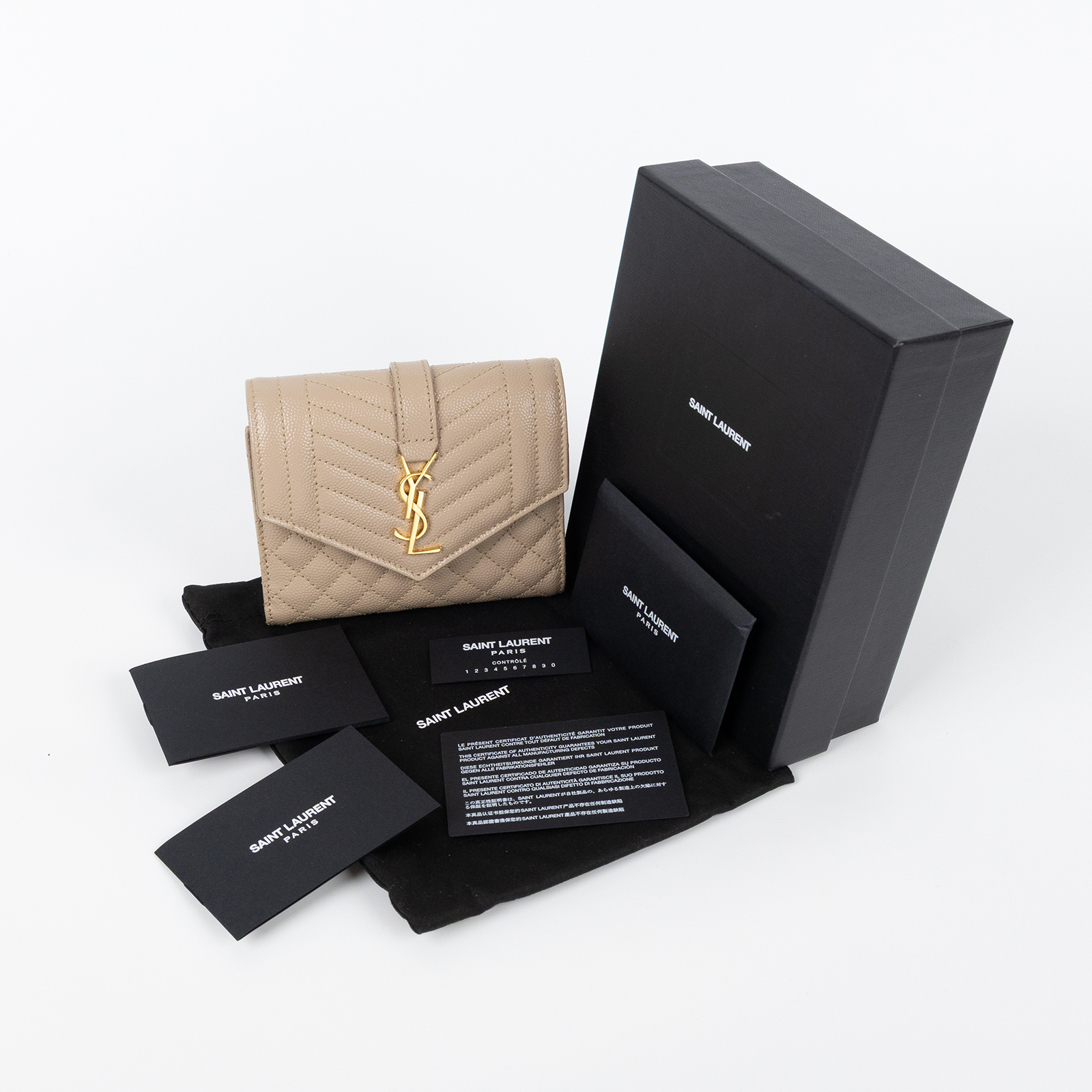 聖羅蘭 YSL SAINT LAURENT 錢包 短夾 651028BOW91 奶茶魚子醬三折短夾 原廠盒子防塵袋