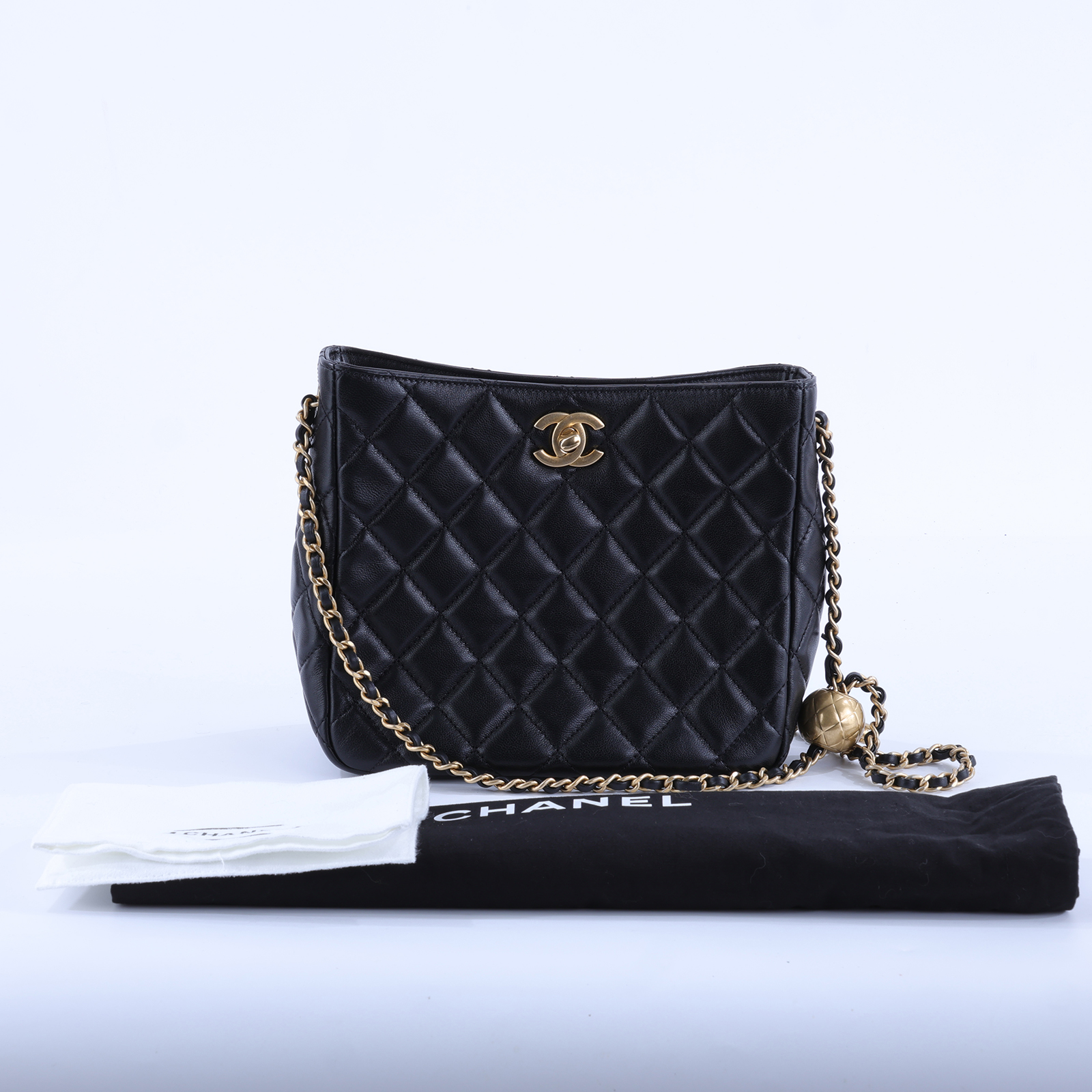 香奈兒 CHANEL 流浪包 小型 AS3259 晶片款 黑羊金球HOBO 防塵袋